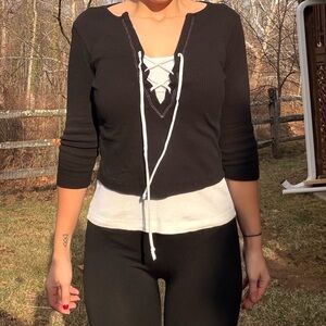 Vintage Newport News Lace-Up Ribbed Long Sleeve Top